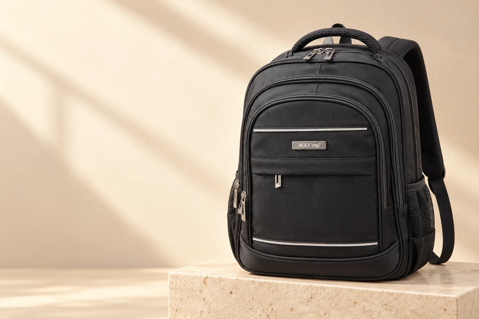 Reflective Travel Backpack on a travertine block