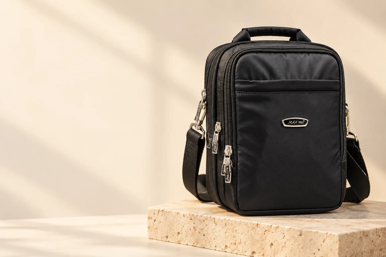 Vertical Shoulder Bag on a travertine block
