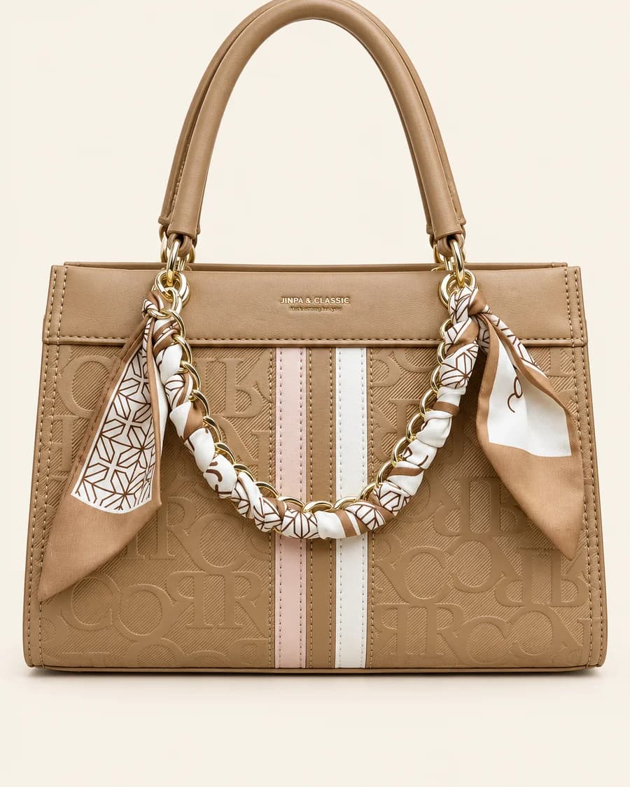 Scarf Handbag, Tan — studio packshot