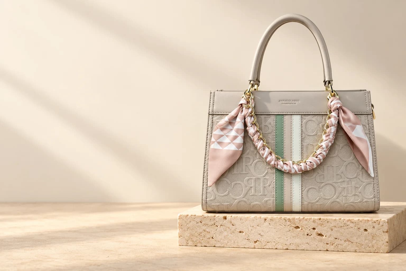 Scarf Handbag, Grey on a travertine block